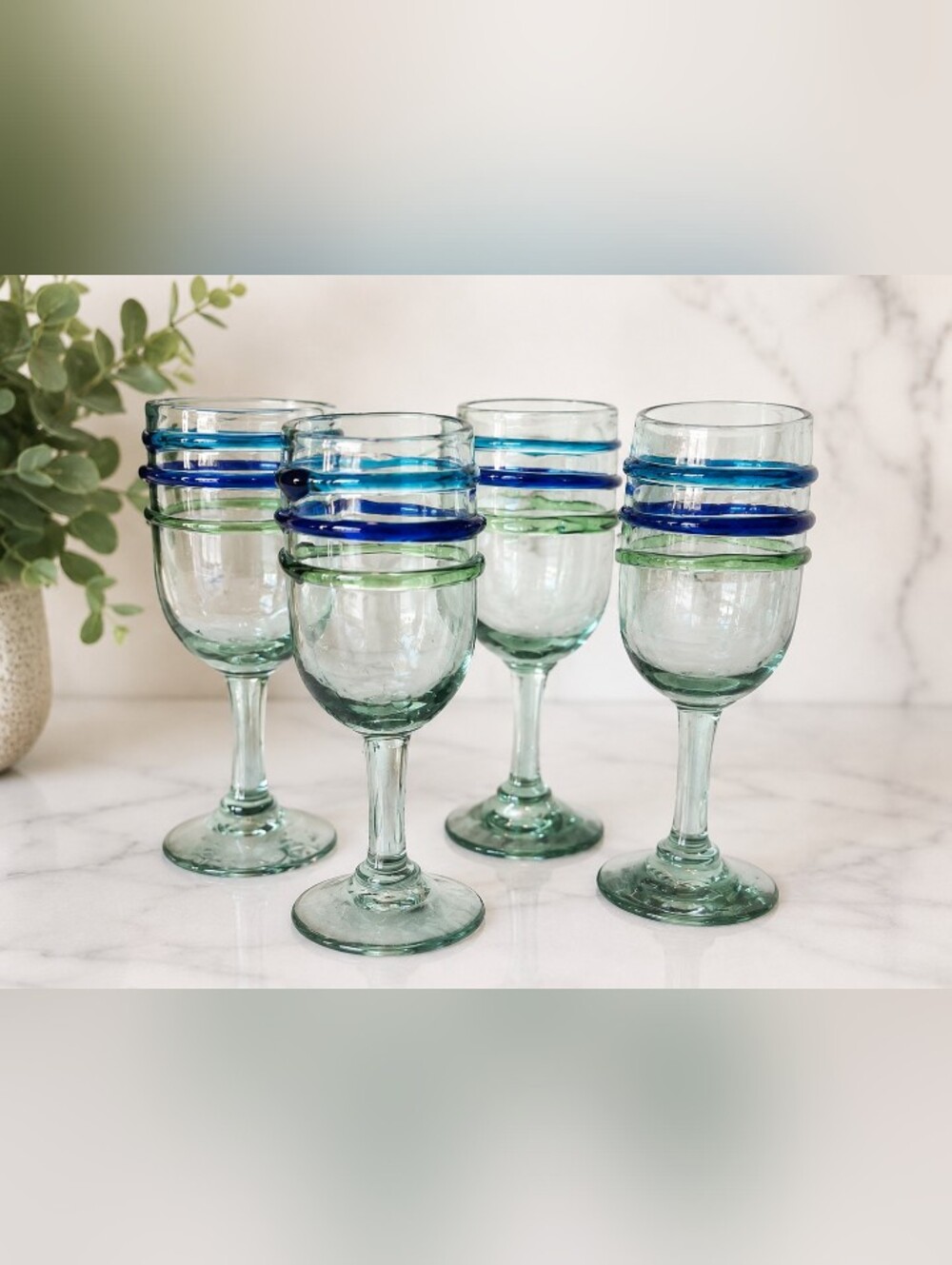 Set of 4 Handblown Mexican Art Glass Wine Goblets Blue & Green
